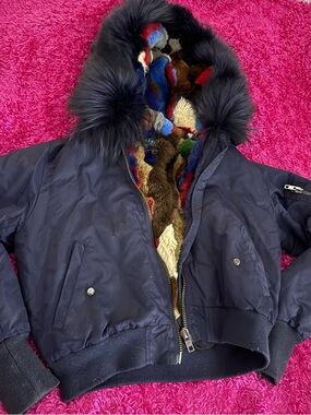 jocelyn Navy Puffer Jacket with Multicolor Faux-Fur Lining